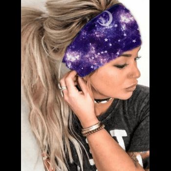 

Sporty Headband Galaxy Moon Star Print Trendy Yoga Wide Headband, Purple