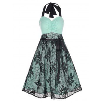 

Floral Lace Overlay A Line Knee Length Dress Ruched Empire Waist Halter Summer Dress, Light green