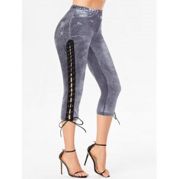 

Casual Capri Jeggings Faux Denim Print Lace Up Hollow Out Trendy Summer Leggings, Black