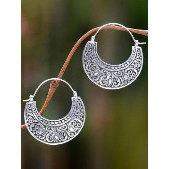 

Vintage Earrings Hollow Out Bohemian Carved Paisley Flower Pattern Alloy Hoop Earrings, Silver