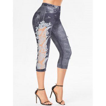 

Summer Jeggings Faux Denim Print Hollow Out Floral Lace Panel Elastic Waist Casual Capri Leggings, Gray