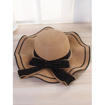 

Summer Outdoor Beach Straw Hat Contrast Stripe Bowknot Embellishment Wide Brim Floppy Straw Hat, Light coffee