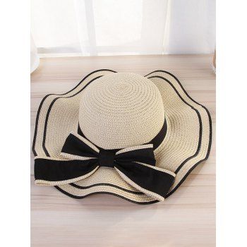 

Summer Outdoor Beach Straw Hat Contrast Stripe Bowknot Embellishment Wide Brim Floppy Straw Hat, Light yellow