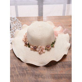 

Summer Outdoor Beach Straw Hat Flower Embellishment Wide Brim Wave Floppy Straw Hat, White