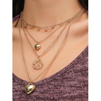 

Hollow Out Map Heart Shape Pendant Layered Chain Necklace, Golden