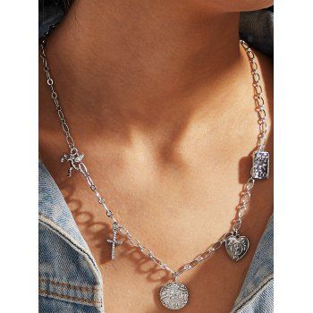 

Heart Square Round Shape Cross Pendant Alloy Chain Necklace, Silver