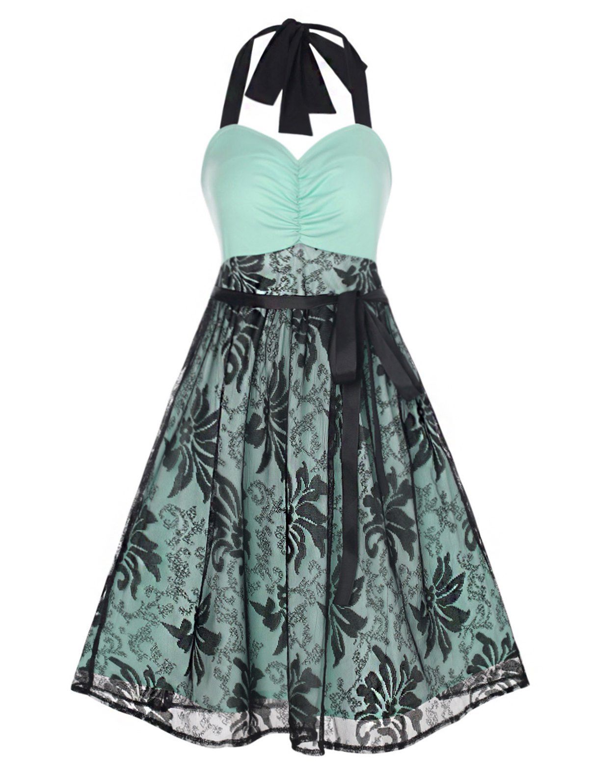 Floral Lace Overlay A Line Knee Length Dress Ruched Empire Waist Halter Summer Dress - LIGHT GREEN XL