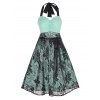 Floral Lace Overlay A Line Knee Length Dress Ruched Empire Waist Halter Summer Dress - LIGHT GREEN XL