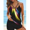 Tummy Control Modest Swimsuit Colorful Aurora Print Tankini Swimwear Set Crisscross Padded Beach Bathing Suit
