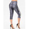 Legging Décontracté Evidé Panneau en Dentelle à Imprimé Fleuri en Faux Denim - Gris XL