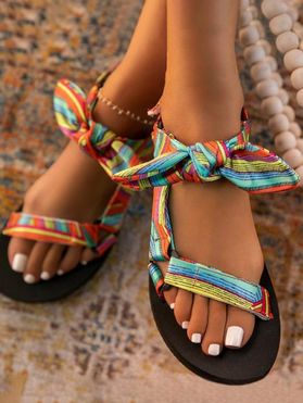 Summer Beach Sandals Colorful Striped Bowknot Open Toe Flat Platform Sandals