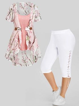 Plus Size Chiffon Irregular Allover Peach Blossom Floral Print Blouse Heather Camisole and Lace Up Eyelet Capri Leggings Summer Casual Outfit