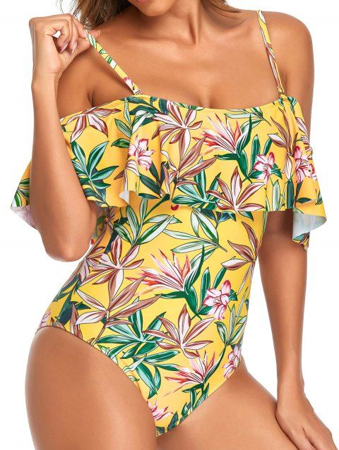 Tropical One-piece Swimsuit Leaf Flower Print Swimwear Flounce Padded Summer Beach Bathing Suit