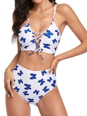 Tummy Control Bikini Swimsuit Butterfly Print Swimwear Lace Up Cut Out High Waist Summer Beach Bathing Suit