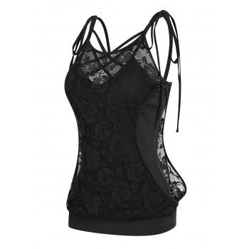 

Crisscross Plain Floral Lace Sleeveless Tie Up Two Pieces Cami Top, Black