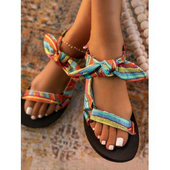 

Summer Beach Sandals Colorful Striped Bowknot Open Toe Flat Platform Sandals, Multicolor a