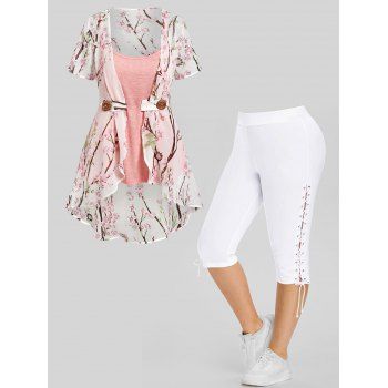 

Plus Size Chiffon Irregular Allover Peach Blossom Floral Print Blouse Heather Camisole and Lace Up Eyelet Capri Leggings Summer Casual Outfit, Multicolor