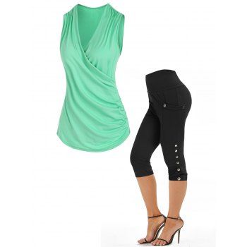 

V Neck Surplice Ruched Plain Color Tank Top and Solid Color High Waist Mock Button Pockets Capri Pants Summer Casual Outfit, Multicolor