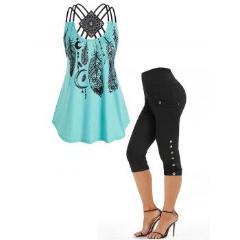 

Feather Print Dream Catcher Cut Out Floral Crochet Tank Top and Plain Color High Waist Mock Button Pockets Capri Pants Summer Casual Outfit, Multicolor