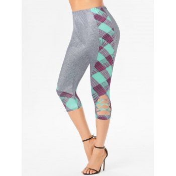 

Casual Capri Leggings Plaid Print Insert Cut Out Colorblock Elastic Waist Summer Leggings, Light gray