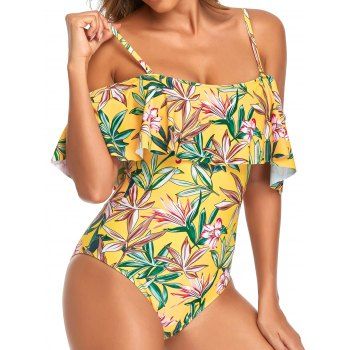 

Tropical One-piece Swimsuit Leaf Flower Print Swimwear Flounce Padded Summer Beach Bathing Suit, Yellow