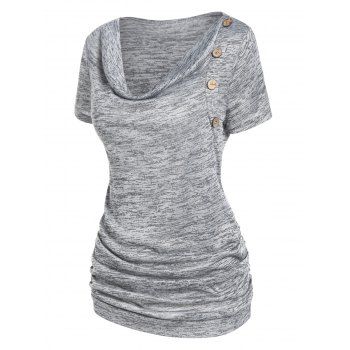 

Space Dye Mock Button Ruched Draped Summer Casual T Shirt, Gray