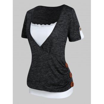 

Casual T Shirt Contrast Colorblock Heather Lace Panel Mock Button Short Sleeve Summer Tee, Dark gray