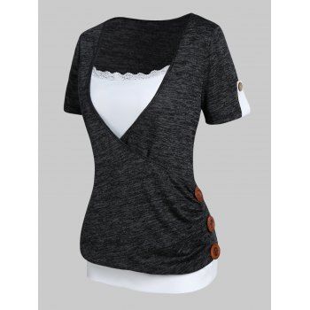 Women Casual T Shirt Contrast Colorblock Heather Lace Panel Mock Button Short Sleeve Summer Tee Clothing Xxl Dark gray