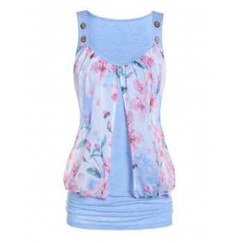 

Fresh Style Casual Tank Top Floral Mesh Overlay Slit Ruched Mock Button Summer Top, Light blue