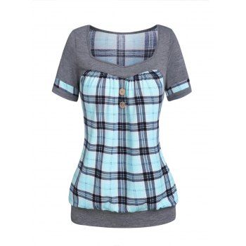 

Casual T Shirt Plaid Panel Mock Button Square Collar Short Sleeve Summer Tee, Light blue