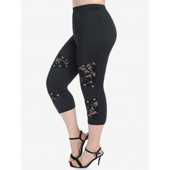 

Plus Size Lace Panel Grommet High Waisted Leggings, Black