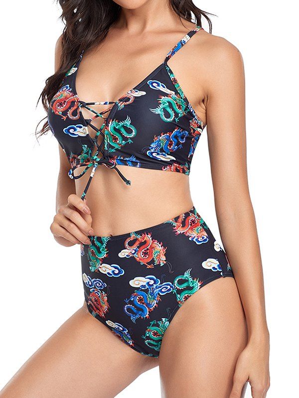 Beach Bikini Swimsuit Dragon Print Swimwear Lace Up Cut Out High Waist Summer Tummy Control Bathing Suit - BLACK M