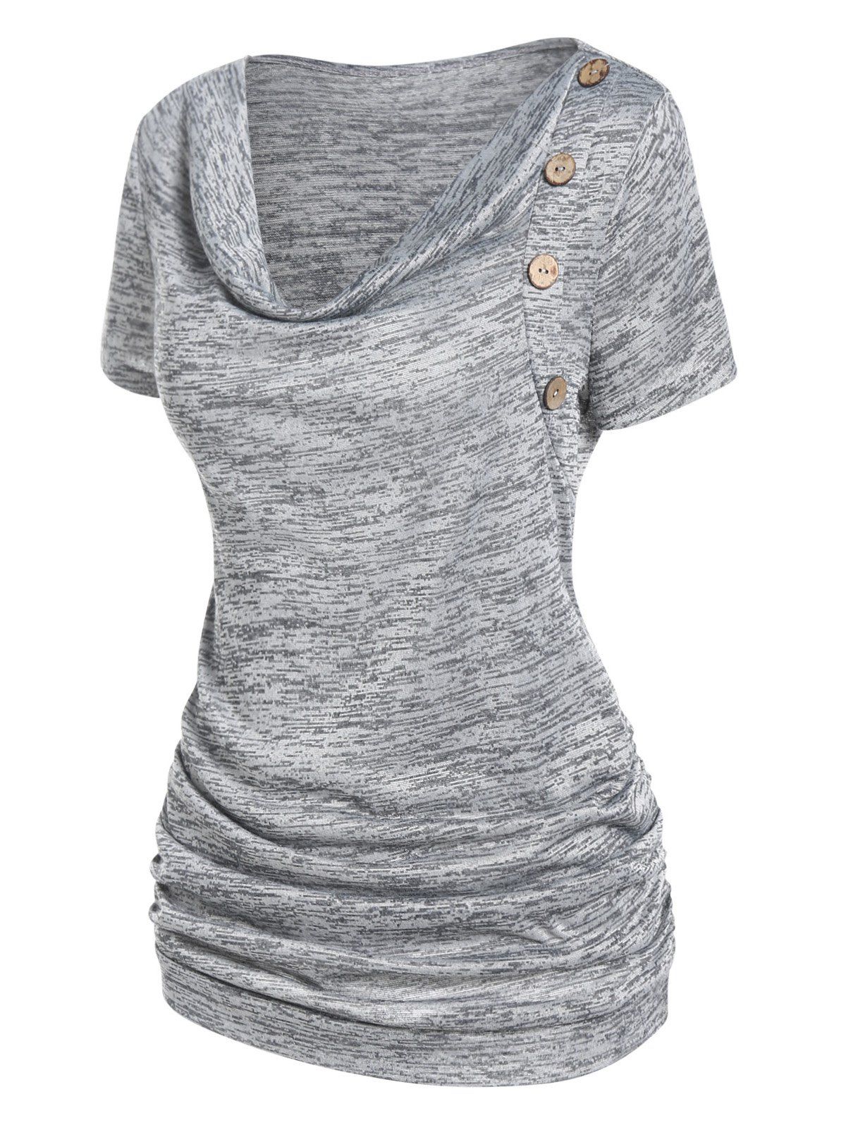 Space Dye Mock Button Ruched Draped Summer Casual T Shirt - GRAY M