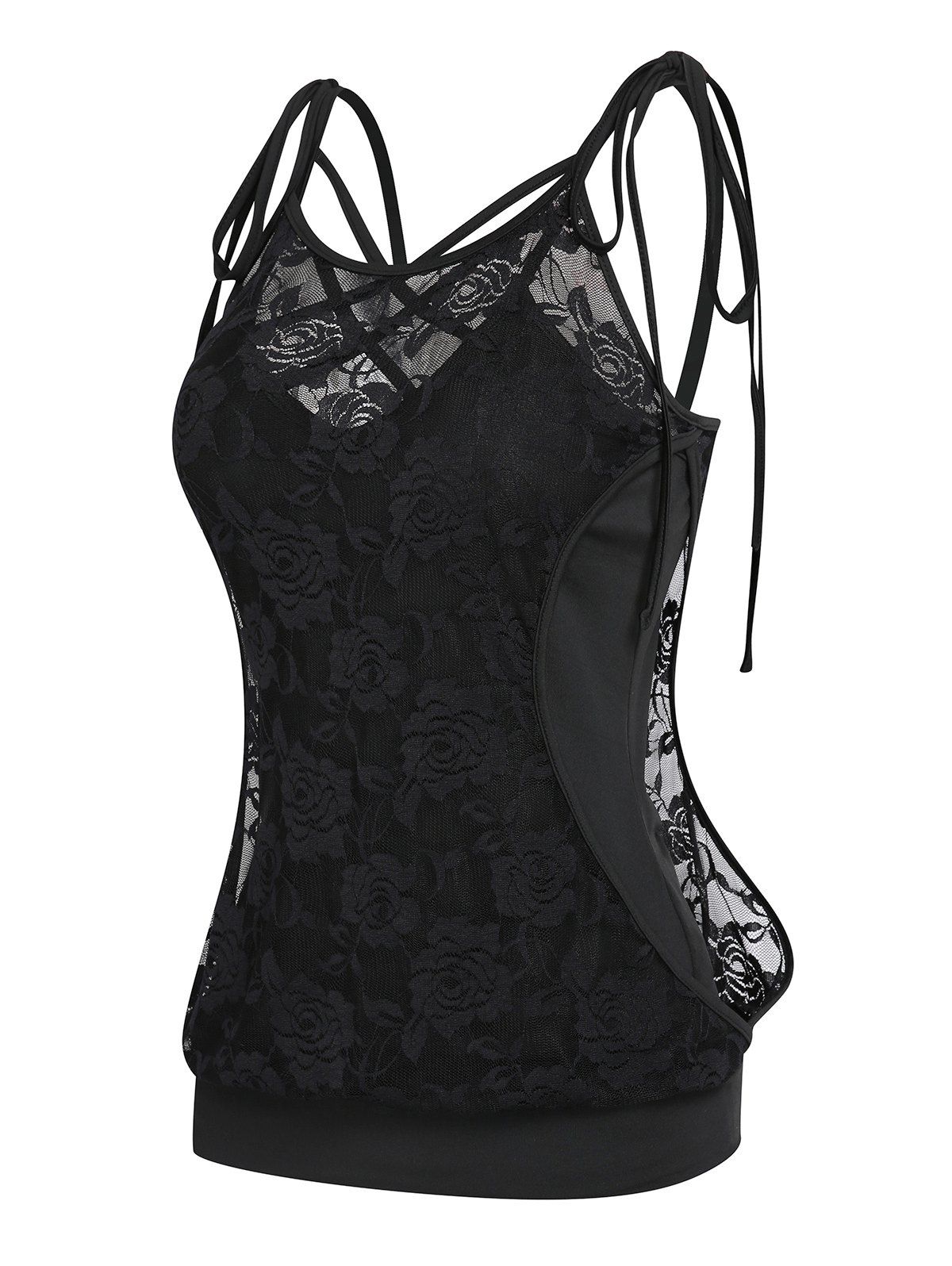 Crisscross Plain Floral Lace Sleeveless Tie Up Two Pieces Cami Top - BLACK M