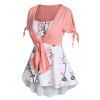 Casual Faux Twinset T Shirt Colorblock Peach Blossom Tree Print Tied Slit Sleeve Summer Tee - LIGHT PINK M