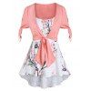 Casual Faux Twinset T Shirt Colorblock Peach Blossom Tree Print Tied Slit Sleeve Summer Tee - LIGHT PINK XL