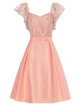 Elegant Party Dress Floral Lace Panel Hollow Out Bowknot Self Tied Flutter Sleeve Midi Prom Dress
