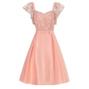 Elegant Party Dress Floral Lace Panel Hollow Out Bowknot Self Tied Flutter Sleeve Midi Prom Dress