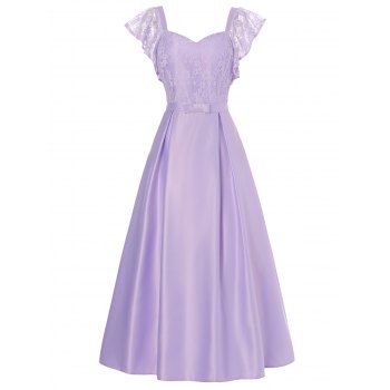 

Party Midi Dress Hollow Out Flower Lace Panel Flutter Sleeve High Waist Bowknot Self Belted Prom Dress, Light purple