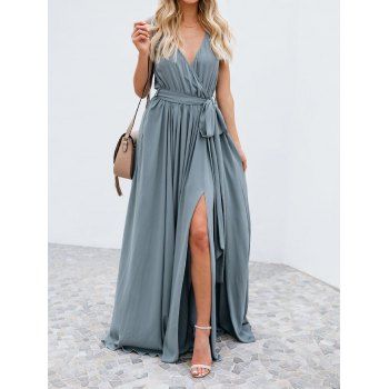 

Party Dress Solid Color Belted Plunging Neck Surplice Slit Elegant A Line Maxi Prom Dress, Light blue