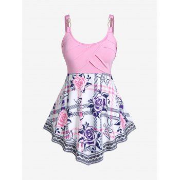 

Plus Size Crossover Rose Plaid Print Tank Top, Light pink