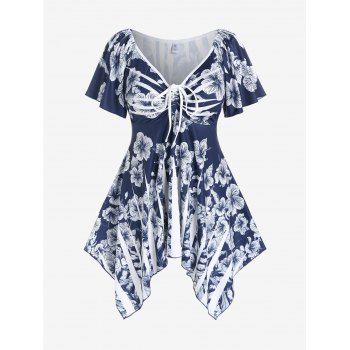 

Plus Size Floral Print Cinched Handkerchief T-shirt, Deep blue