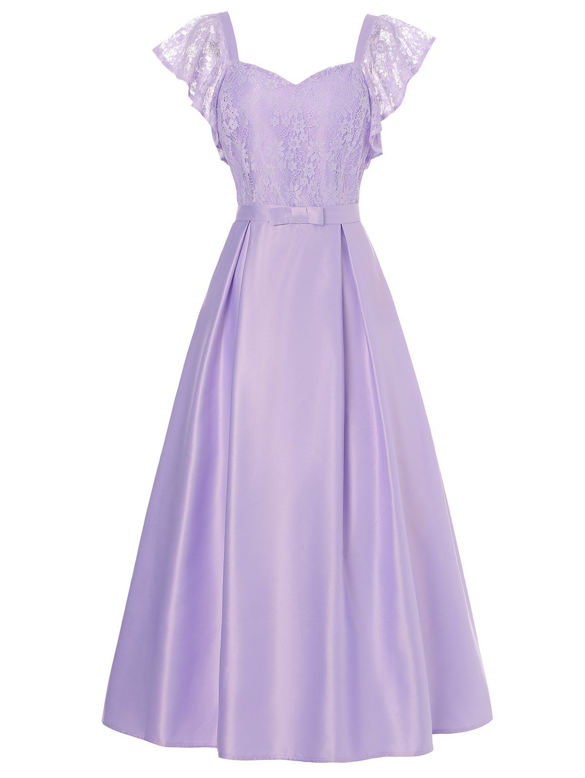 Party Midi Dress Hollow Out Flower Lace Panel Flutter Sleeve High Waist Bowknot Self Belted Prom Dress - LIGHT PURPLE XL
