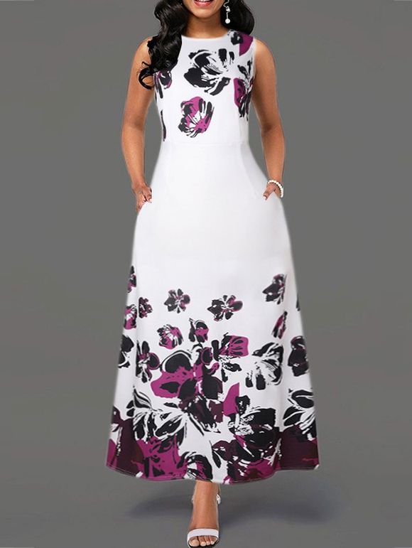 Casual Dress Floral Print Dress High Waist Sleeveless A Line Maxi Summer Vacation Dress - PURPLE M