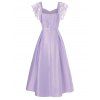 Party Midi Dress Hollow Out Flower Lace Panel Flutter Sleeve High Waist Bowknot Self Belted Prom Dress - LIGHT PURPLE 2XL