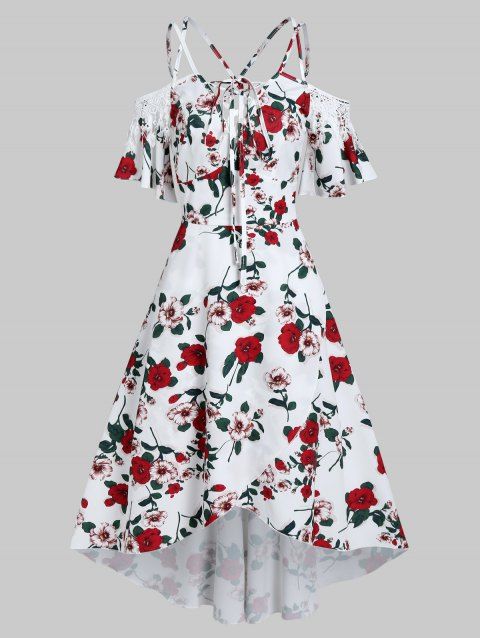 Vacation Dress Rose Floral Print Dress Lace Up Cold Shoulder High Waist High Low Midi Summer Dress