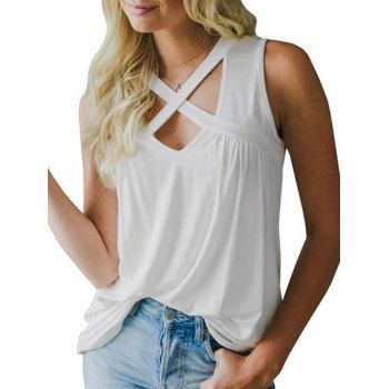 

Crossover V Neck Ruched Tank Top Solid Color Casual Summer Top, White