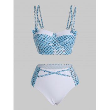 

Beach Tankini Swimsuit Bowknot Mermaid Print Colorblock Push Up Underwire Swimwear Crisscross Summer Vacation Tummy Control Bathing Suit, Light blue