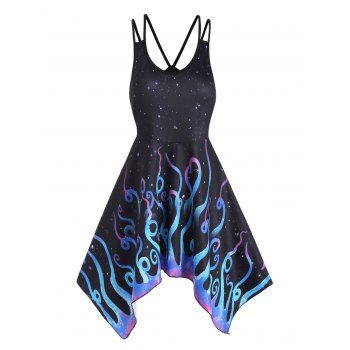 

Casual Tank Top Galaxy Octopus Print Cut Out Handkerchief Hem Summer Top, Black