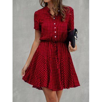 

Vintage Dress Plaid Print Dress Tied Stand Collar High Waist A Line Mini Summer Dress, Red